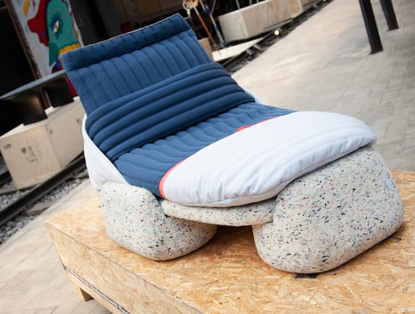 Daybed with recycled plastic base and fabrics; one of the plastic recycling design projects joining the Guiltless Plastic Initiative.
