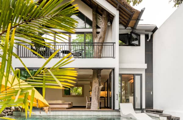 Outdoor of the house, showing that it's built around a tree.