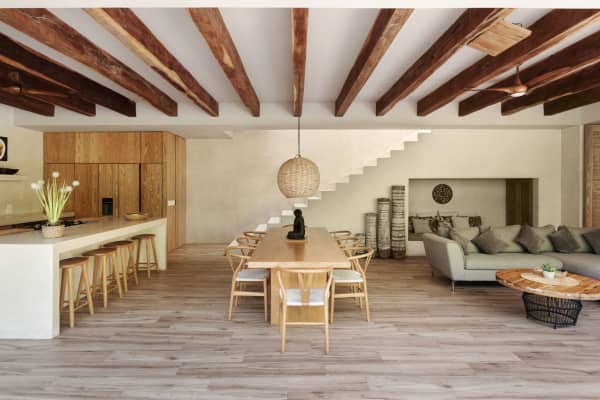 The open living area of Villa Verde, with lounging, dining and kitchen.