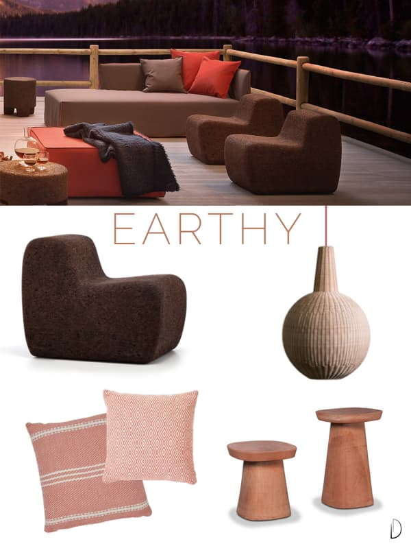 Moodboard of an outdoor concept design in a Earthy style, created using all sustainable design products.