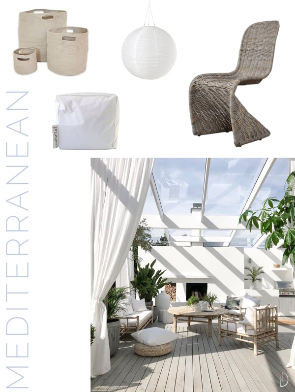 Moodboard of an outdoor concept design in a Mediterranean style, created using all sustainable design products.