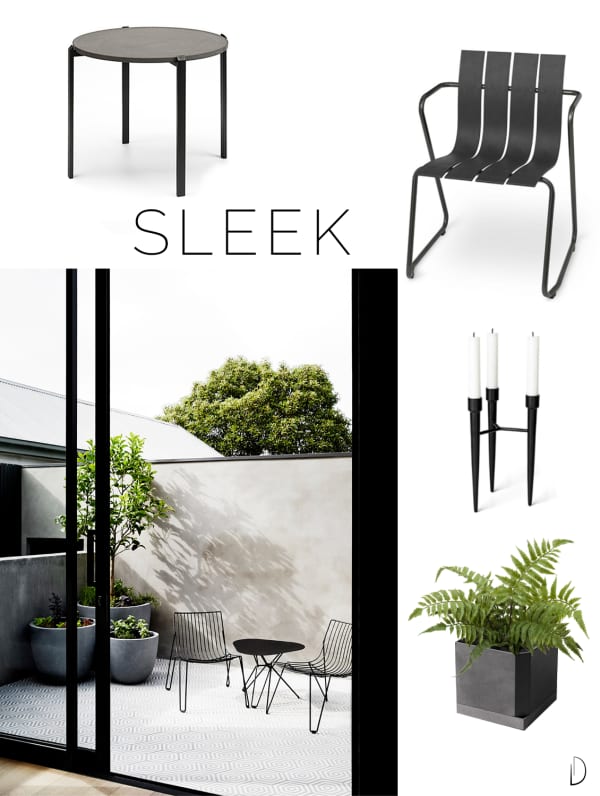 Moodboard of an outdoor concept design in a Sleek style, created using all sustainable design products.