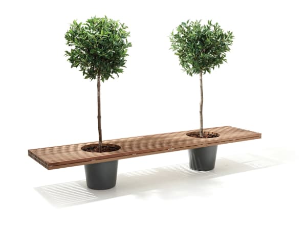 Wooden bench with two integrated planters.