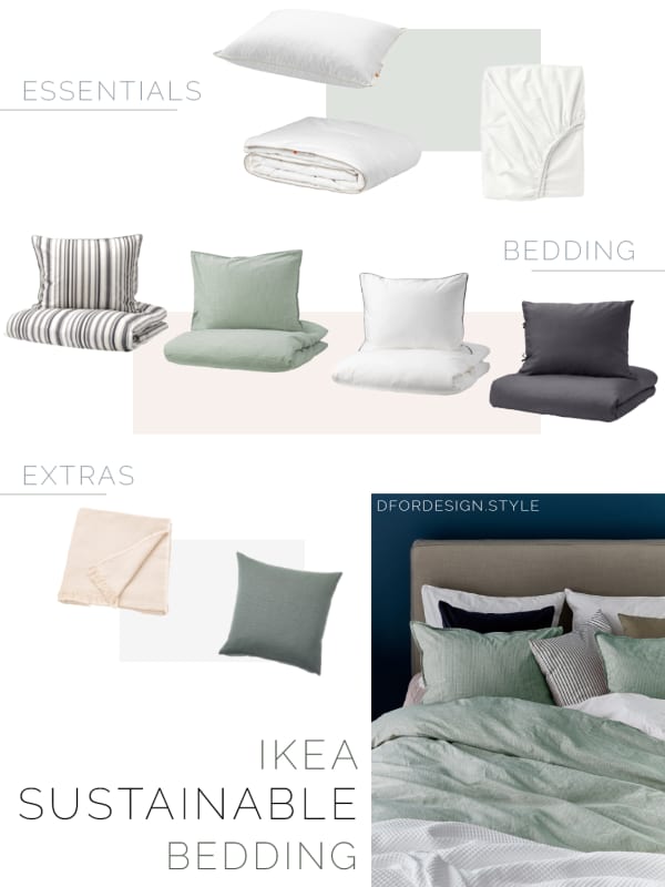 Moodboard showing a variety of sustainable products for the bedroom: from quilts and fitted sheets, to bedding, to throws and decorative cushions.