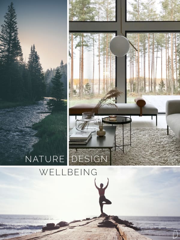 Biophilic moodboard showing the relationship between nature (a forest), wellbeing (a girl doing yoga in front of a lake) and biophilic interior design (a living room with huge windows looking outdoors).