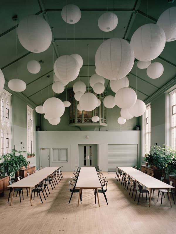 Biophilic dining room with Tranquil Dawn ceiling.