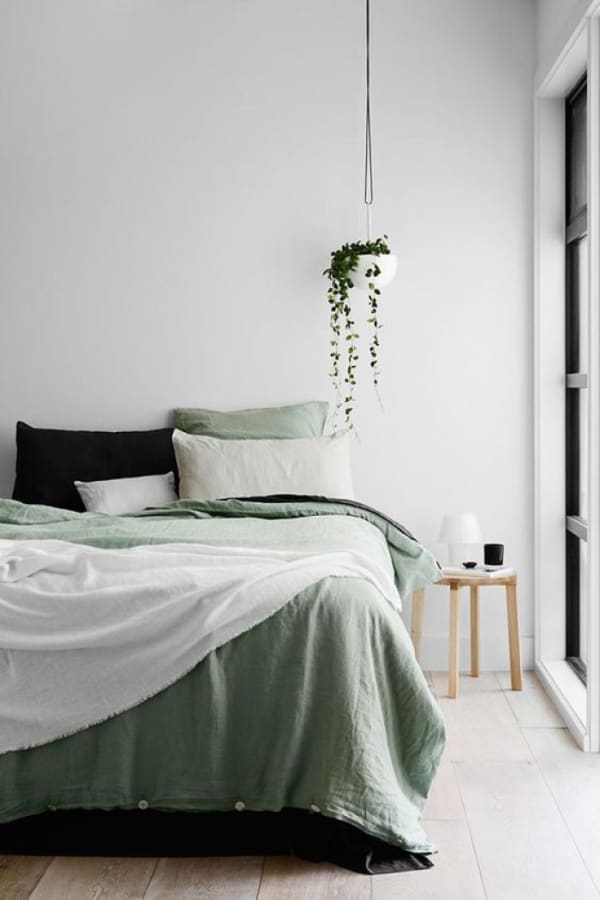 Biophilic bedroom with Tranquil Dawn bedding.