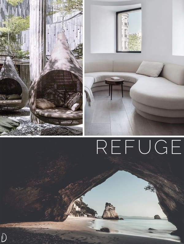 Biophilic moodboard showing a sense of refuge: hanging enveloping chairs, a curved sofa, a cave on the beach.