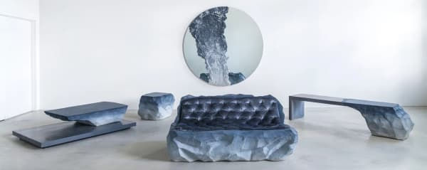 Drift collection including a mirror, a sofa, a bench, an ottoman and a console table inspired by the issue of melting glaciers.