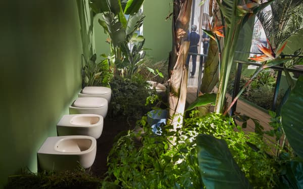 Toilets surrounded by greenery in a jungle-like environment.