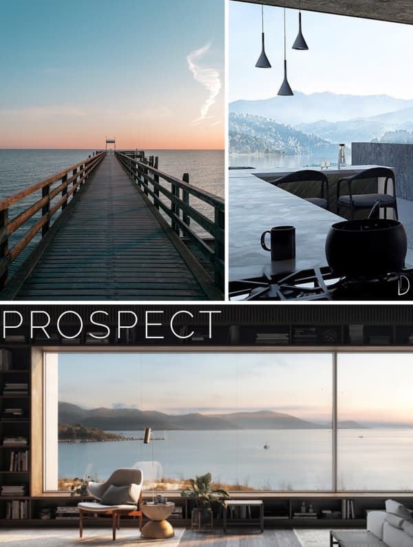 Moodboard showing three examples of prospect: a bridge over the ocean, an open space with huge window and an interior with a big window looking into an expanse of water.