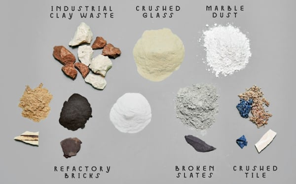 View of all the materials that make Granbyware: industrial clay waste, crushed glass, marble dust, refectory bricks, broken slates, crushed tile.