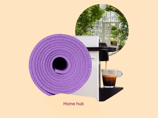 "Home hub" graphic representing a yoga mat, a coffee machine and a room full of greenery.