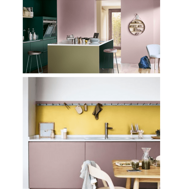 Two kitchens. 1: deep green cabinets and walls painted in Heart Wood (2018 colour of the year by Akzo Nobel). 2: Heart Wood cabinets and yellow backsplash.