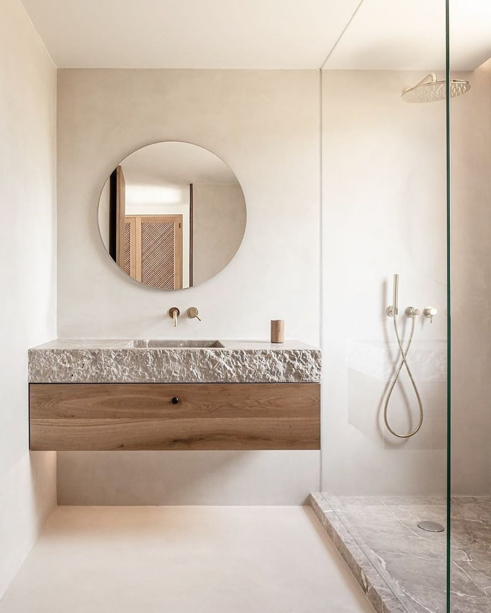 Biophilic bathroom with stone vanity top with a raw edge.<span class="sr-only"> (opened in a new window/tab)</span>