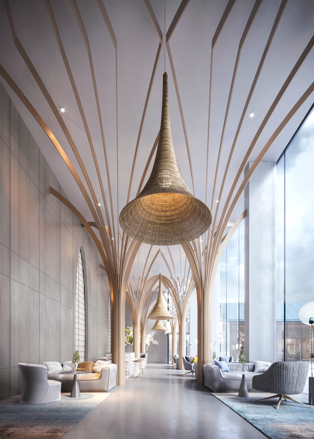 Hotel lobby with wooden pillars imitating the shape of tree branches.<span class="sr-only"> (opened in a new window/tab)</span>