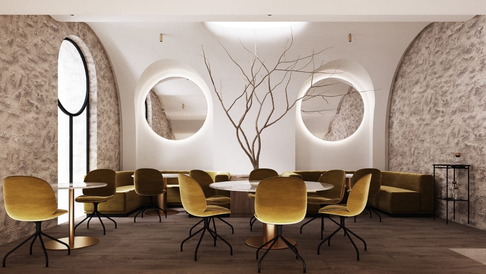 Minimal restaurant with arched niches on the walls with a raw stone finish.<span class="sr-only"> (opened in a new window/tab)</span>
