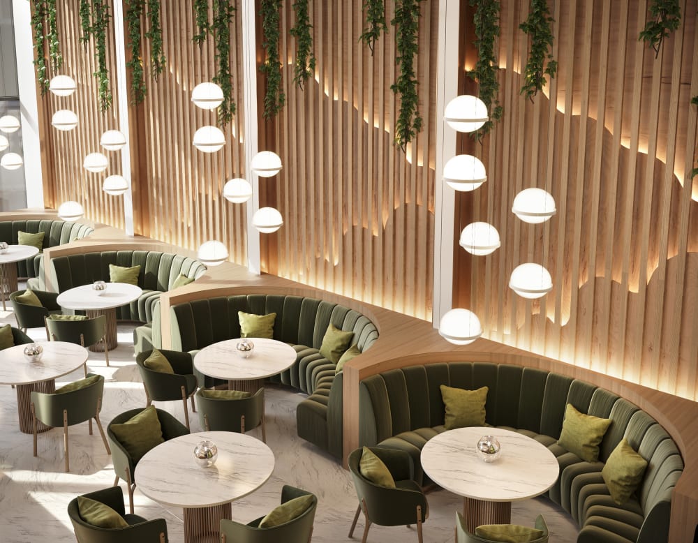 Restaurant with curved seats and arches on the walls.<span class="sr-only"> (opened in a new window/tab)</span>