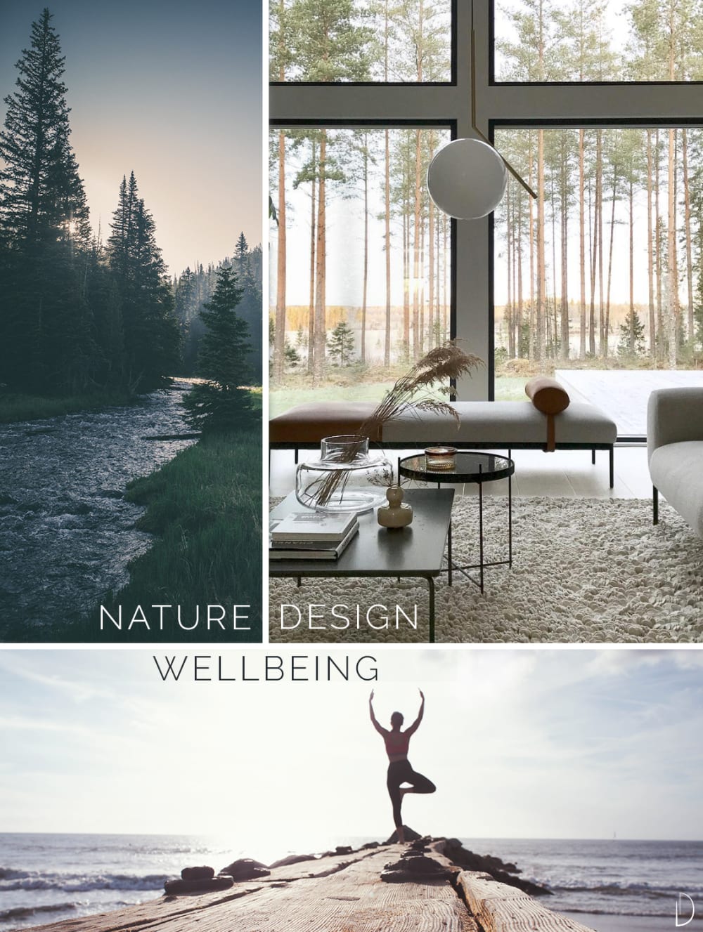 Biophilic moodboard showing the relationship between nature (a forest), wellbeing (a girl doing yoga in front of a lake) and biophilic interior design (a living room with huge windows looking outdoors).<span class="sr-only"> (opened in a new window/tab)</span>