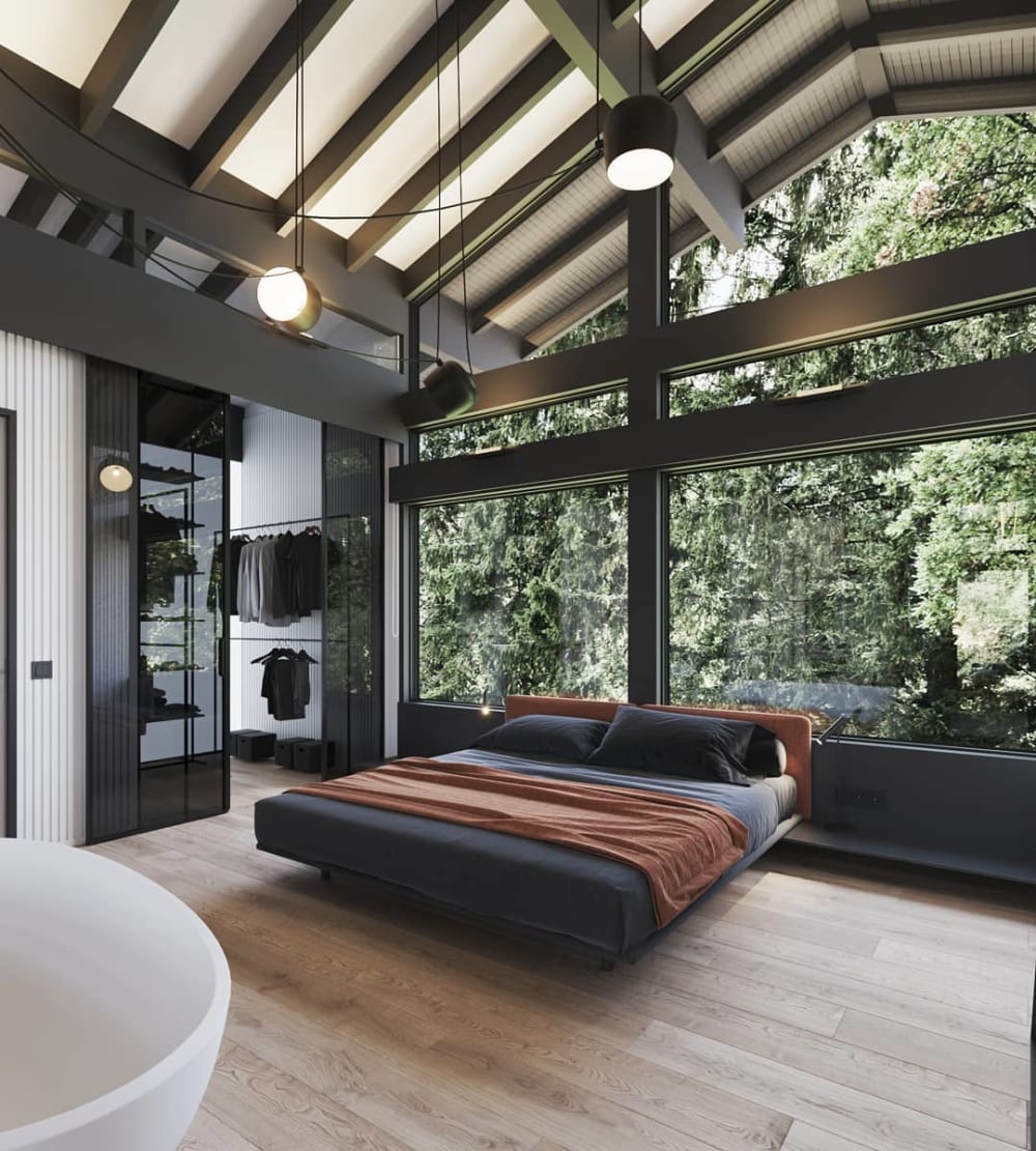 Bedroom with glazed back wall looking into a vertical garden.<span class="sr-only"> (opened in a new window/tab)</span>