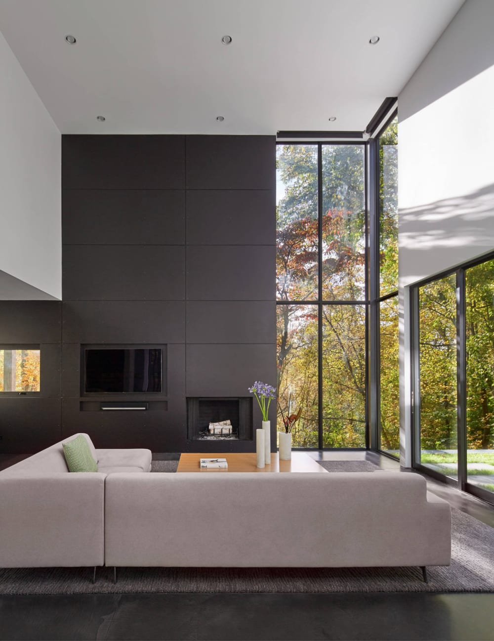 Minimal living room with full-height windows looking into nature. The sofa is placed on the windows.<span class="sr-only"> (opened in a new window/tab)</span>
