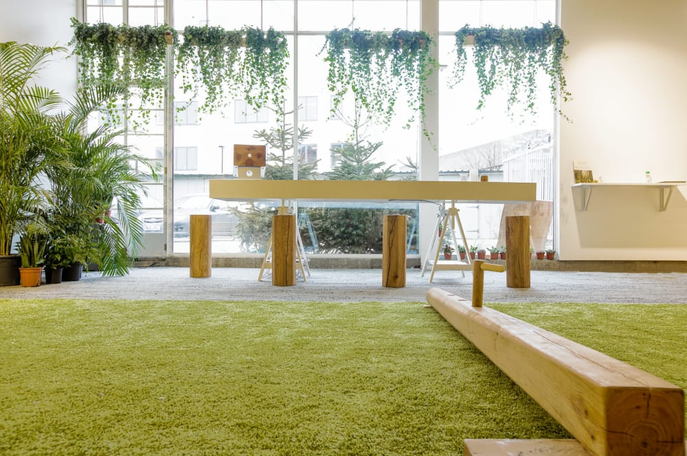 View of a biophilic gym showing wide floor-to-ceiling windows that let in a lot of natural light.<span class="sr-only"> (opened in a new window/tab)</span>