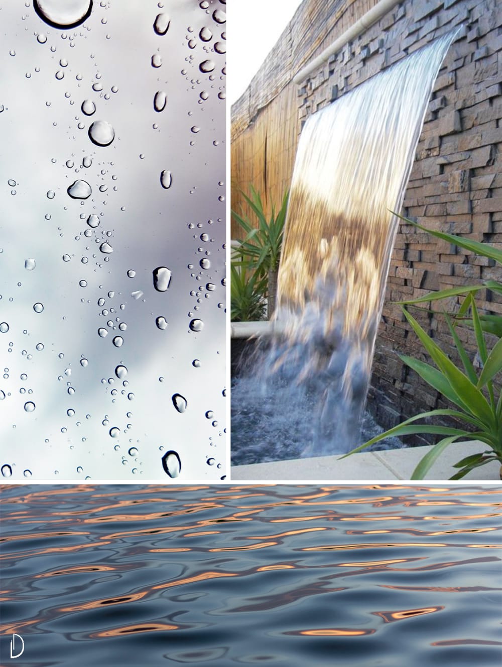 Moodboard to show the power of water in a biophilic design: drops on a clear background, the texture of waves and a water fountain.<span class="sr-only"> (opened in a new window/tab)</span>
