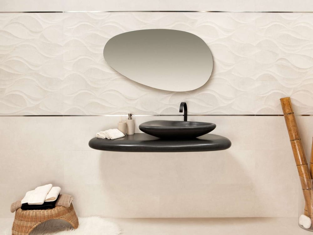 Bathroom with all organic rounded shapes, from the vanity to the sink to the mirror.<span class="sr-only"> (opened in a new window/tab)</span>