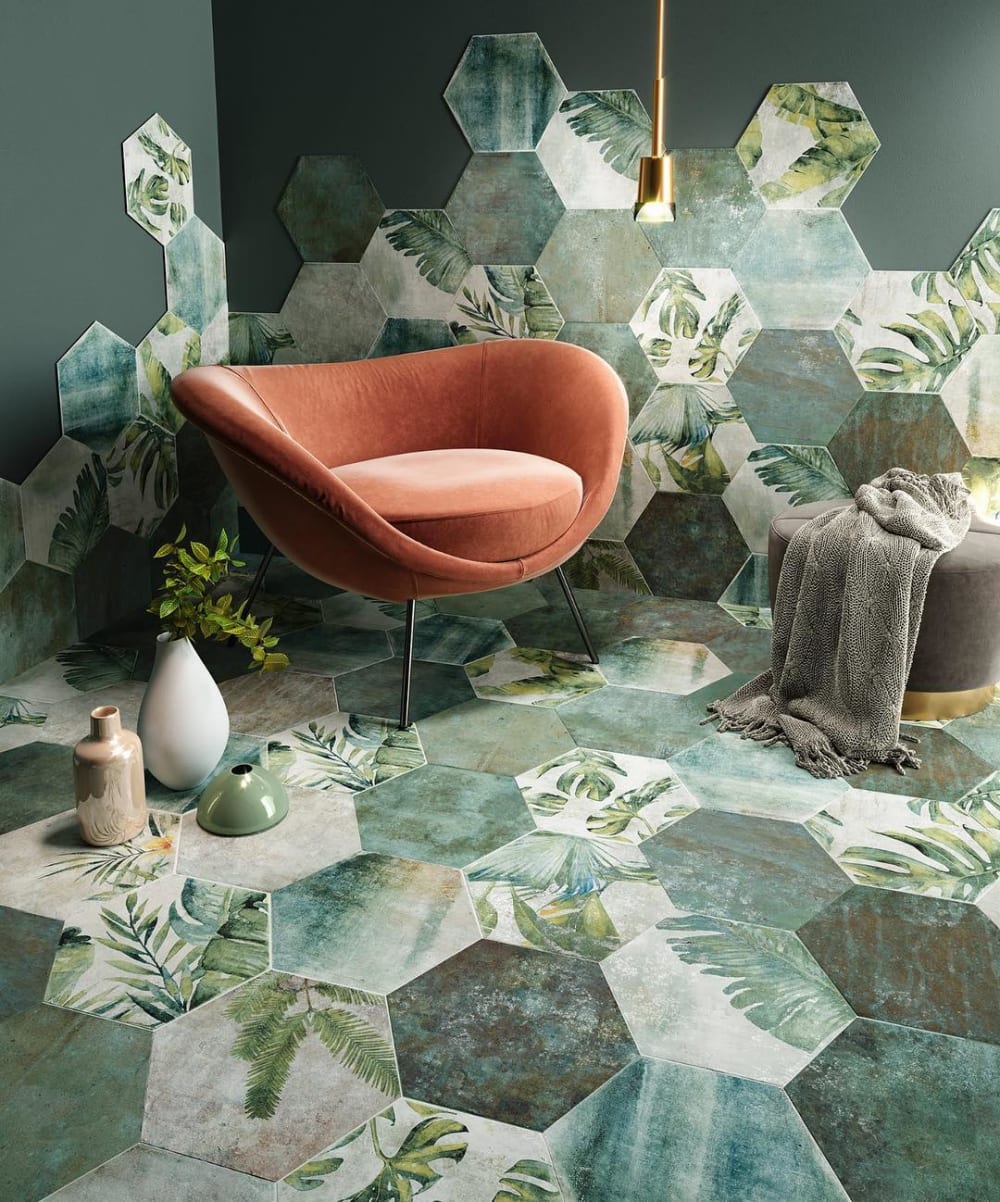 Relax corner with biophilic hexagonal tiles with a leaf pattern.<span class="sr-only"> (opened in a new window/tab)</span>