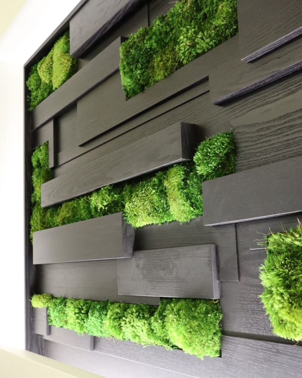 Close-up of a black wooden wall with moss insets.<span class="sr-only"> (opened in a new window/tab)</span>