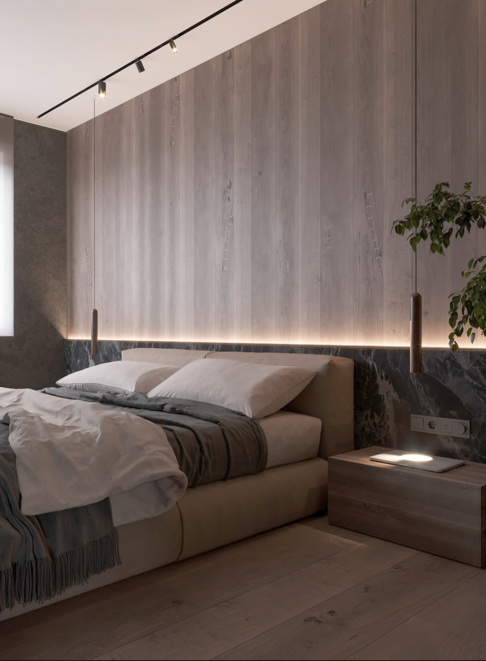 Bedroom with dimmable strip-light hidden in the wood panel behind the bed.<span class="sr-only"> (opened in a new window/tab)</span>