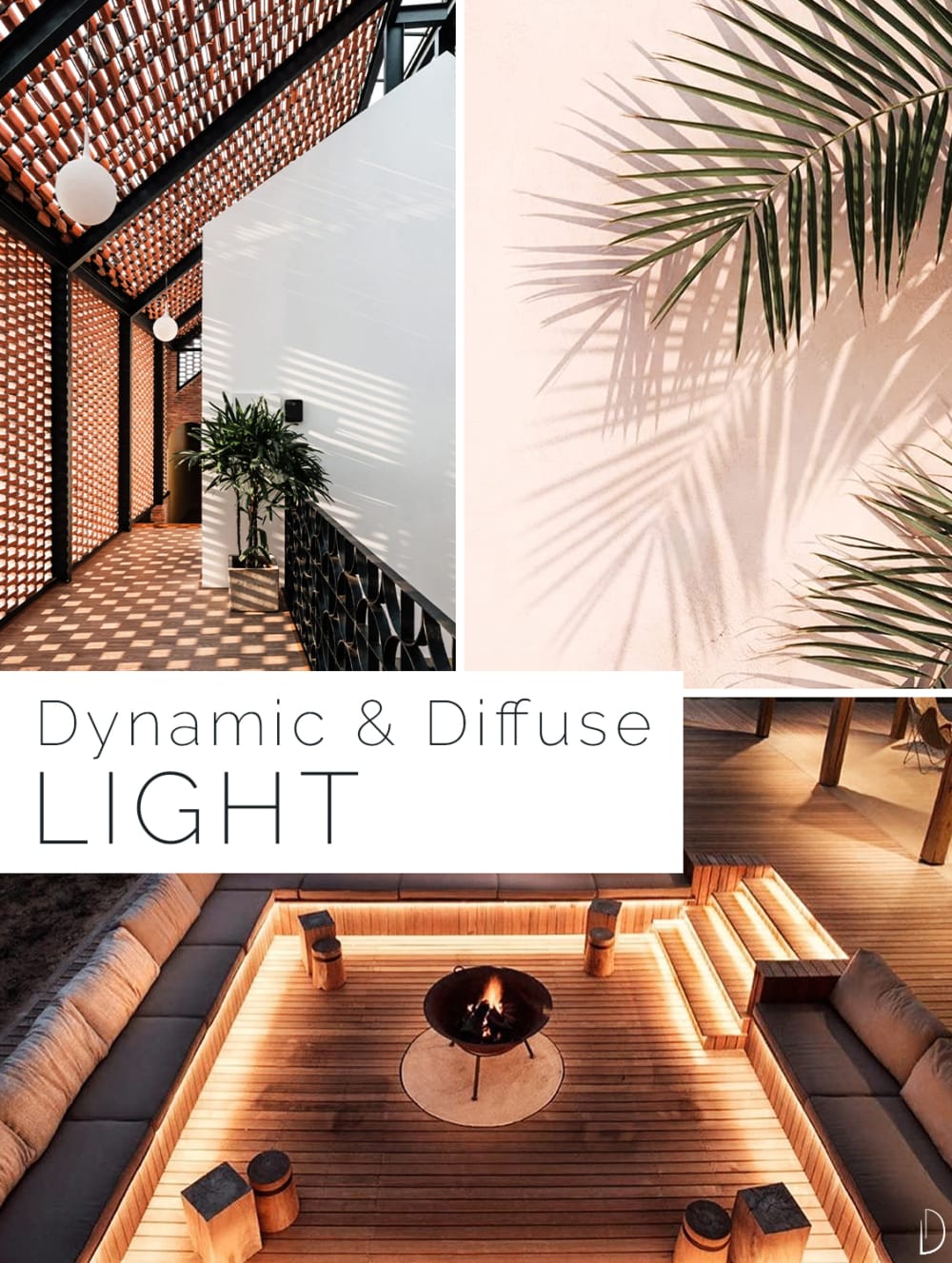 Biophilic design moodboard showing examples of dynamic & diffuse lighting. 1. Light drawing a pattern on the floor while filtering through a brick ceiling. 2. A palm leaf reflecting on a wall. 3. A sunk outdoor space with strategically placed accent lighting.<span class="sr-only"> (opened in a new window/tab)</span>