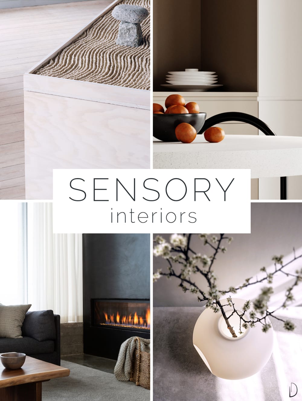 Moodboard depicting the 4 non-visual senses in biophilic design. 1. A zen garden with sand 2. Oranges arranged on a table 3. A crackling fireplace 4. Fragrant flowers in a vase.<span class="sr-only"> (opened in a new window/tab)</span>