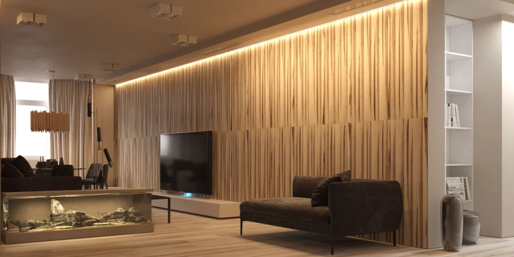 Contemporary living room with textured wood wall and an aquarium.<span class="sr-only"> (opened in a new window/tab)</span>