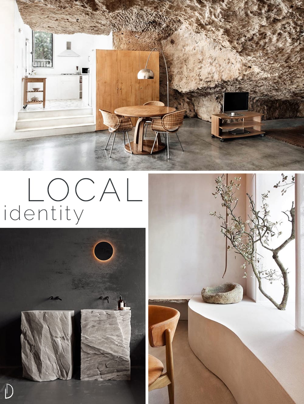 Biophilic design moodboard showing 3 examples of local identity: a home built inside a natural cave, solid stone sinks in a modern bathroom and a branch used as decor in a contemporary living room.<span class="sr-only"> (opened in a new window/tab)</span>