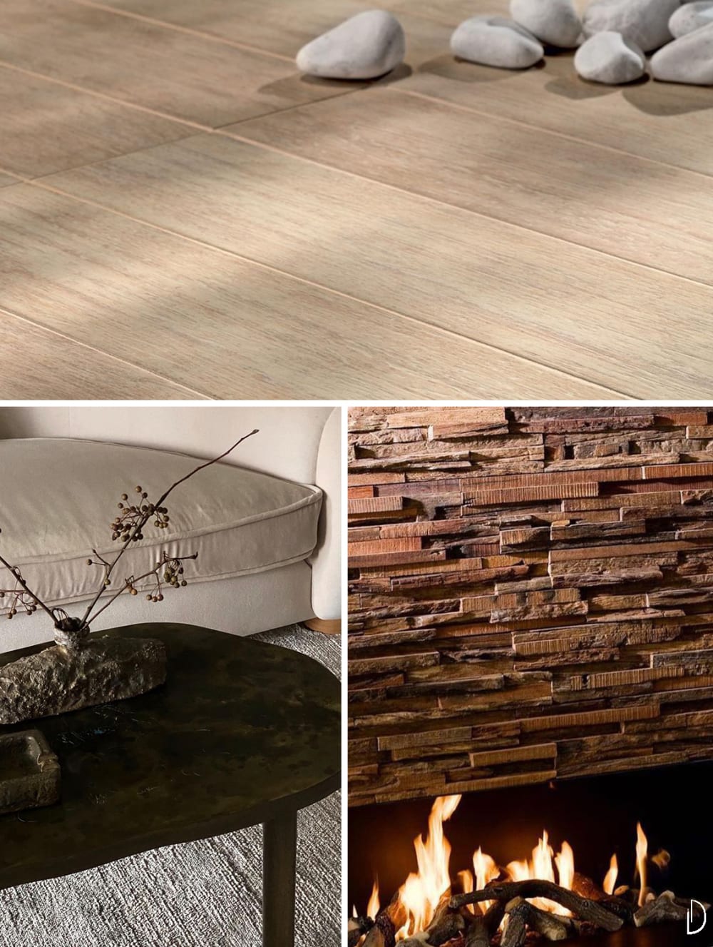 Biophilic design moodboard depicting natural textures in interiors: a wood flooring, a wood coffee table with textured accessories and the detail of a wooden fireplace wall.<span class="sr-only"> (opened in a new window/tab)</span>