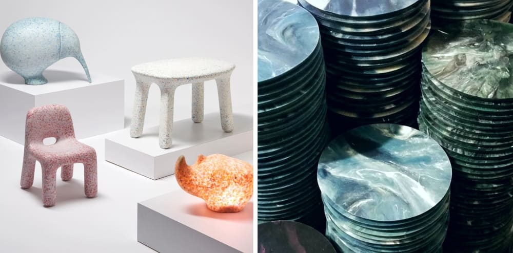 Two examples of plastic recycling projects. 1. Kids furniture made of recycled plastic toys. 2. Coasters made of recycled plastic wrap.<span class="sr-only"> (opened in a new window/tab)</span>