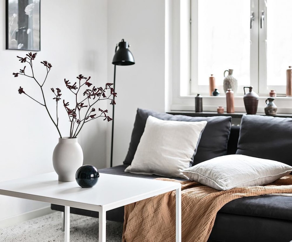 Sofa area with blanket and cushions that make the space cozy.<span class="sr-only"> (opened in a new window/tab)</span>