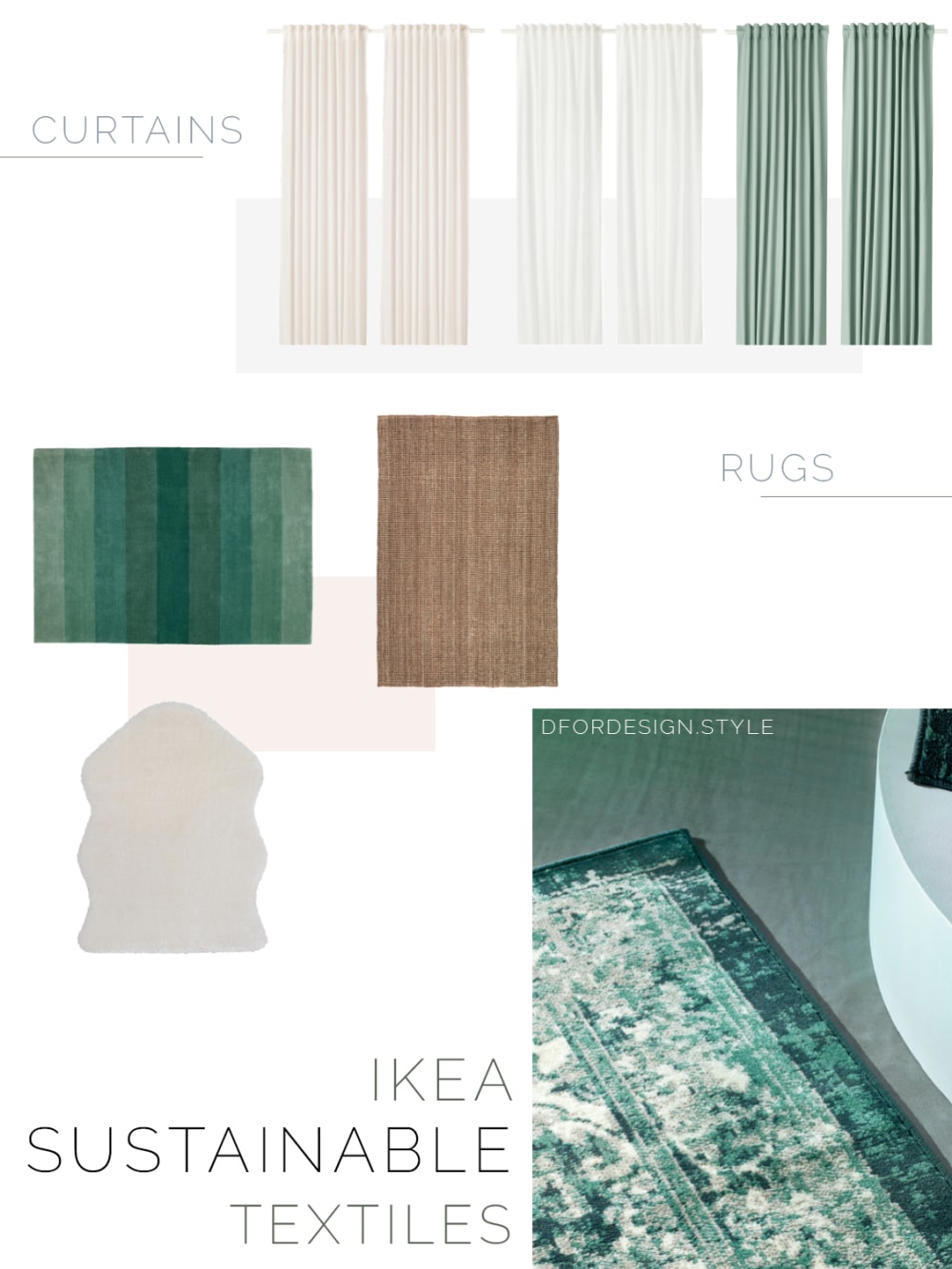 Moodboard showing a variety of sustainable curtains and rugs.<span class="sr-only"> (opened in a new window/tab)</span>