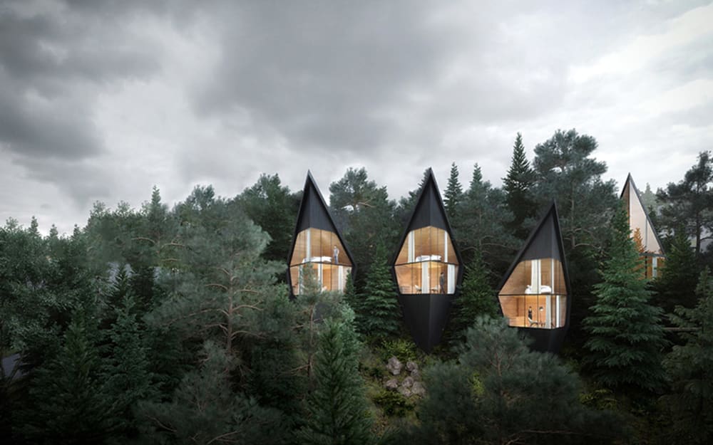 View of treehouses showing their total immersion in the forest.<span class="sr-only"> (opened in a new window/tab)</span>