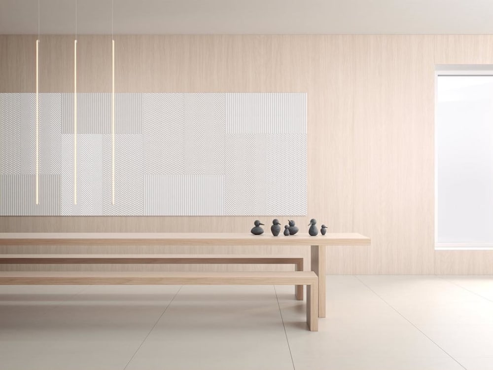A minimal room with acoustic panels used in place of a big artwork, a proof that silence is becoming an interior design trend.<span class="sr-only"> (opened in a new window/tab)</span>