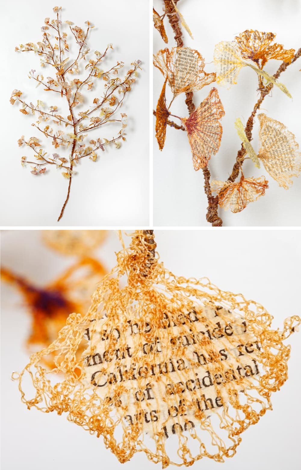 Textile art in the shape of a branch made of yarn leaves and close-up of a leaf showing the book fragment encased.<span class="sr-only"> (opened in a new window/tab)</span>