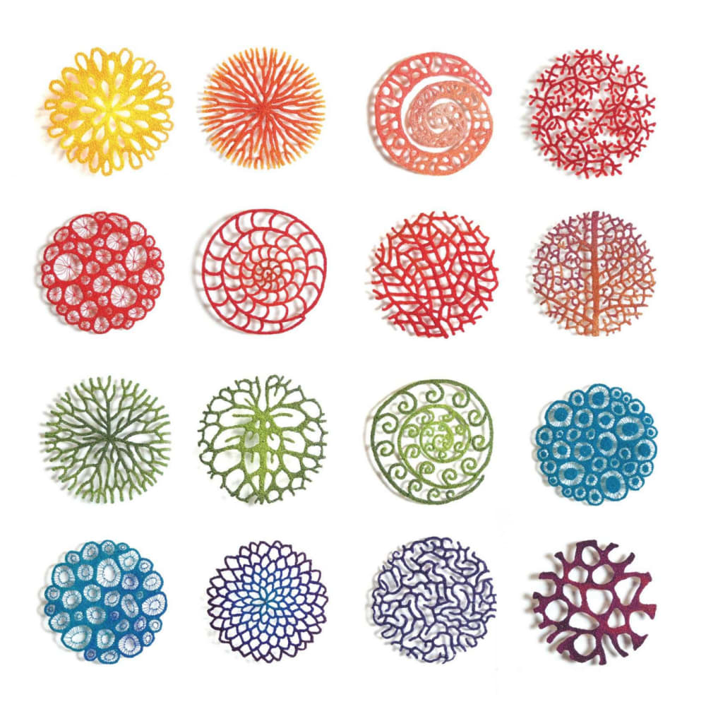 Overview of different embroidered works reproducing biophilic patterns - colorful pieces.<span class="sr-only"> (opened in a new window/tab)</span>