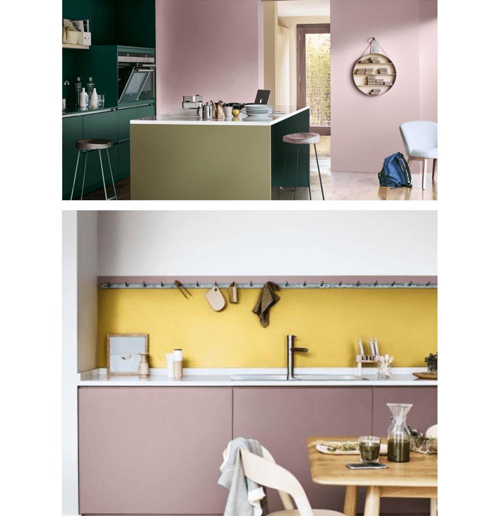 Two kitchens. 1: deep green cabinets and walls painted in Heart Wood (2018 colour of the year by Akzo Nobel). 2: Heart Wood cabinets and yellow backsplash.<span class="sr-only"> (opened in a new window/tab)</span>