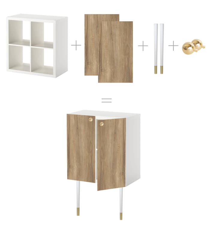DIY IKEA hack with a Kallax shelving becoming a trendy closed cabinet.