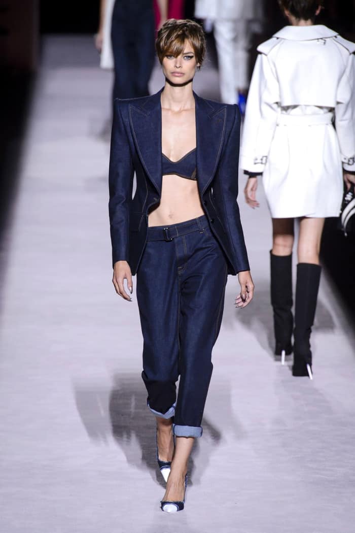 Dark denim ladies' suit, by Tom Ford.<span class="sr-only"> (opened in a new window/tab)</span>