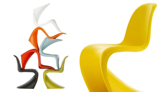 The new versions of the Panton chair in tangerine, ice grey, chartreuse and yellow together with the original colours, all in mat finish..