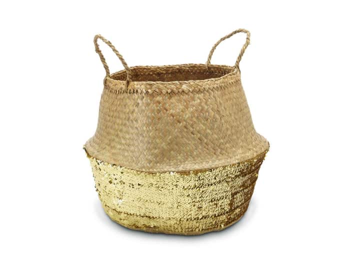 Woven basket with sequin detail on the bottom, by Oxfam.