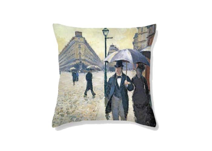 Cushion printed with a detail of the painting of Gustave Caillebotte "Paris Street Rainy Day", by Fine Art America.