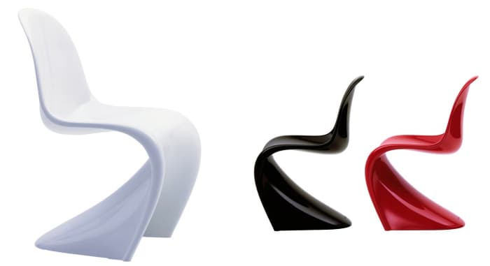 Three original Panton chairs in white, black and red.
